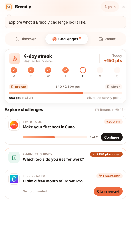 Breadly extension challenge screen showing a Suno challenge and a Canva reward