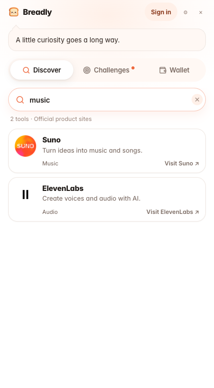 Breadly search results for music, including Suno and ElevenLabs