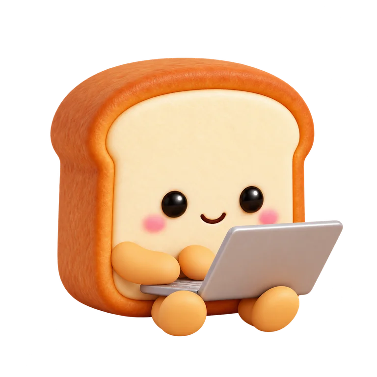 Breadly’s toast mascot working on a laptop